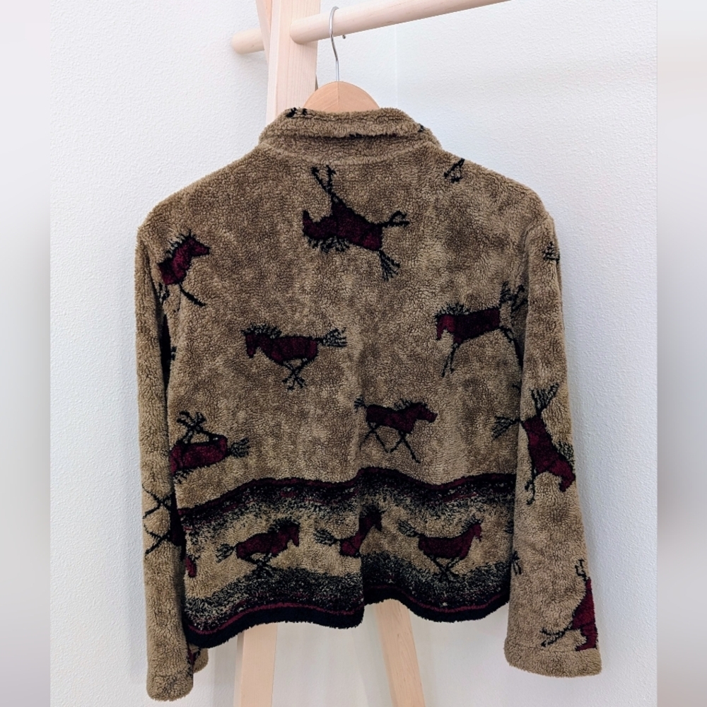 Vintage 90's Equestrian Collared Button Down Fleece Jacket In Tan/Black/Burgundy - Picture 11 of 11